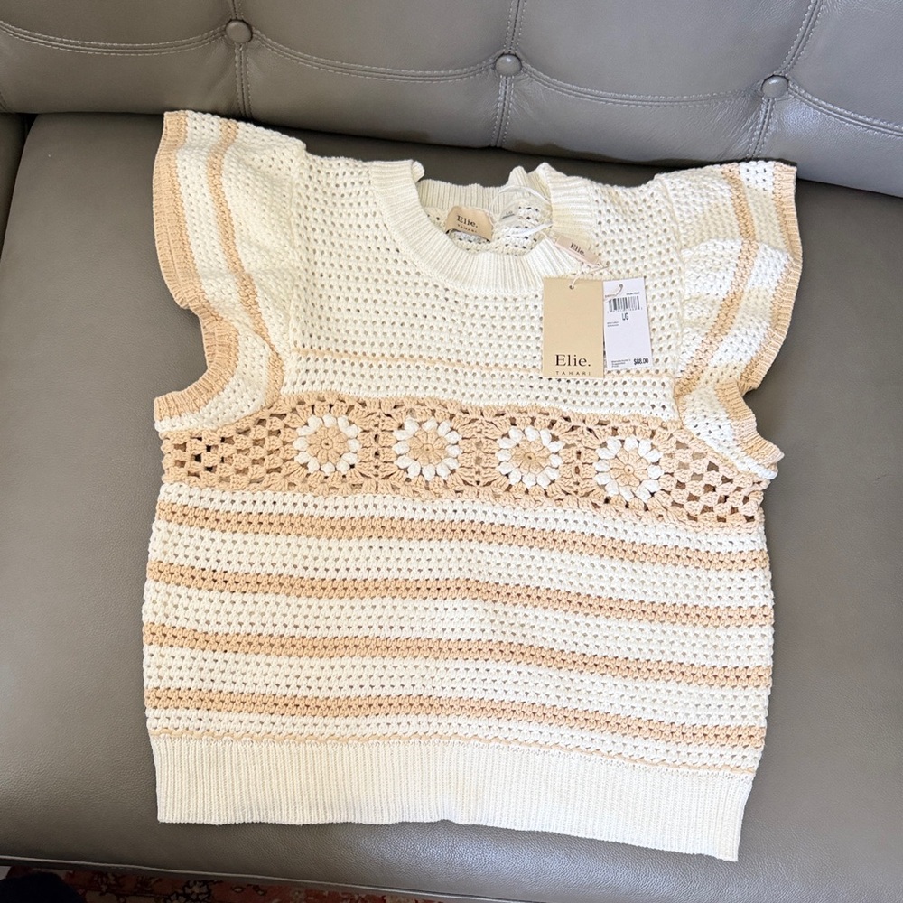 Elie. Crocheted Knit Striped Top in Cream & Beige